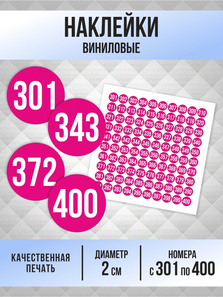 Наклейки с номерами от 301 до 400 круглые 20 мм, цвет фуксия, ПолиЦентр #1