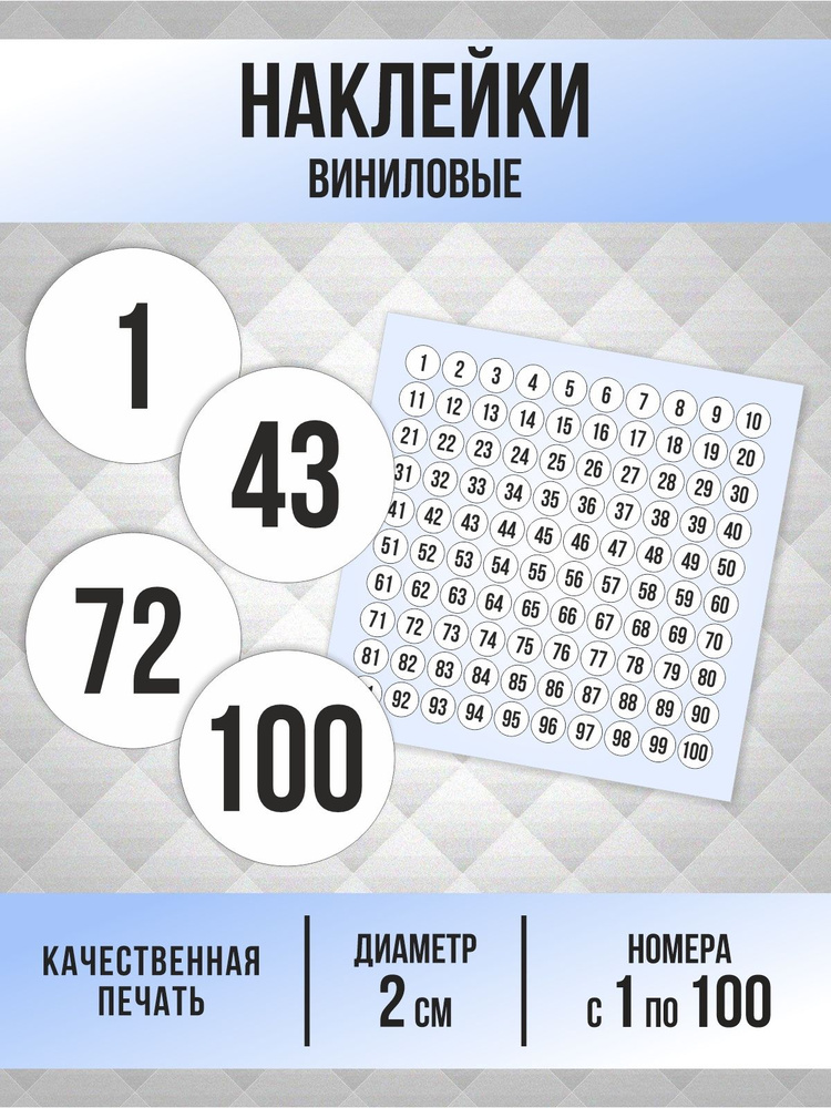 Наклейки с номерами от 1 до 100 круглые 20 мм, цвет белый, ПолиЦентр #1