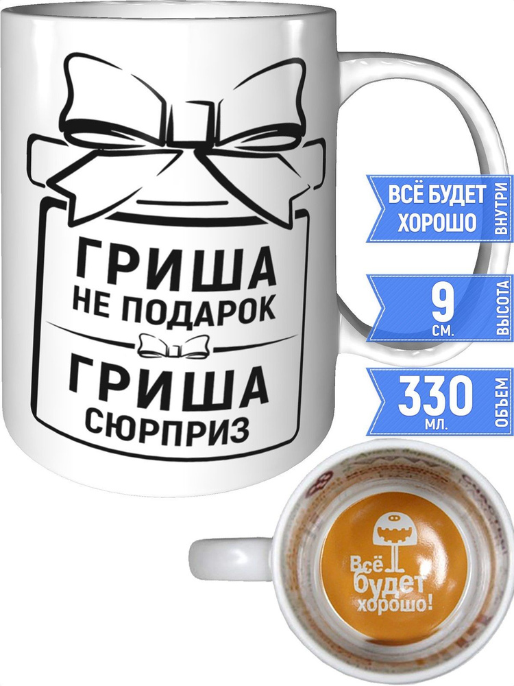 Кружка Гриша не подарок, Гриша сюрприз - внутри всё будет хорошо #1
