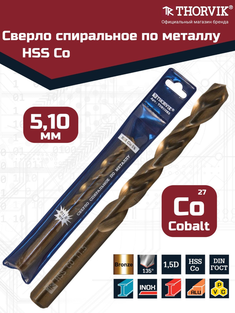 Сверло спиральное по металлу HSS Co в ПВХ упаковке, d5.1 мм, TDB051K5, Thorvik #1