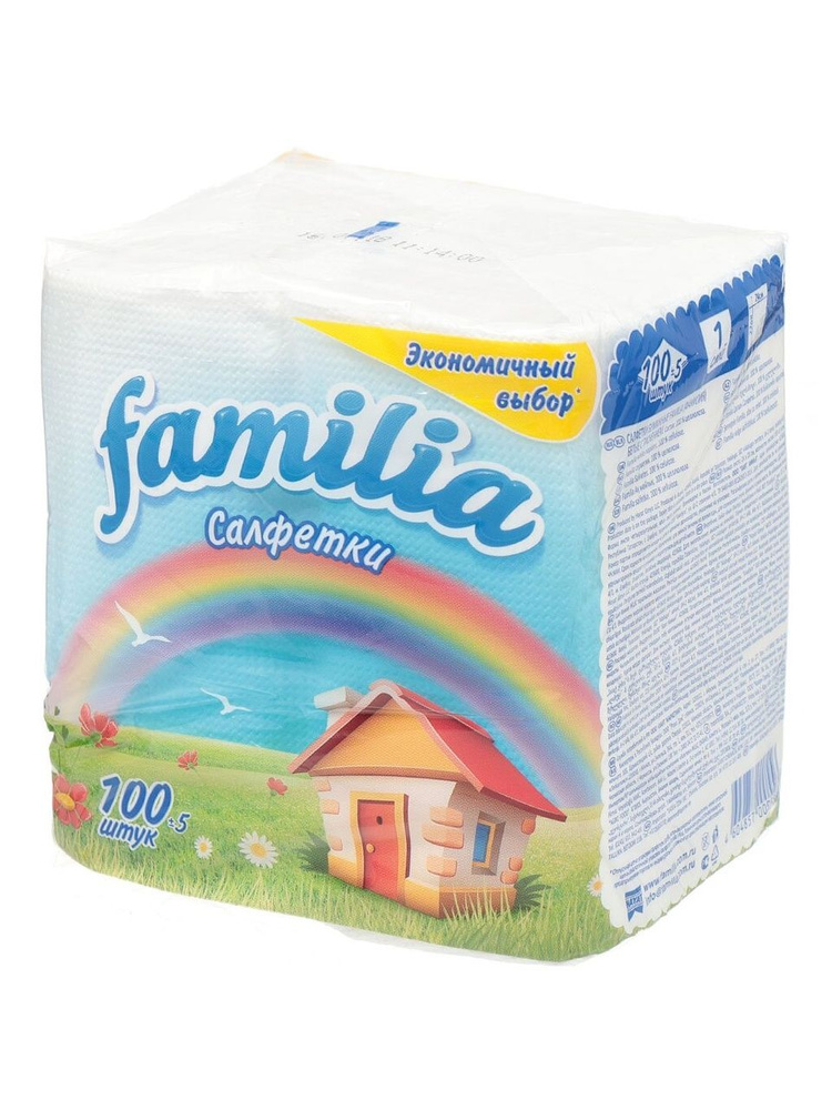 Салфетки бумажные Familia, 100 шт, 1 слой, 24х23 см, белые #1