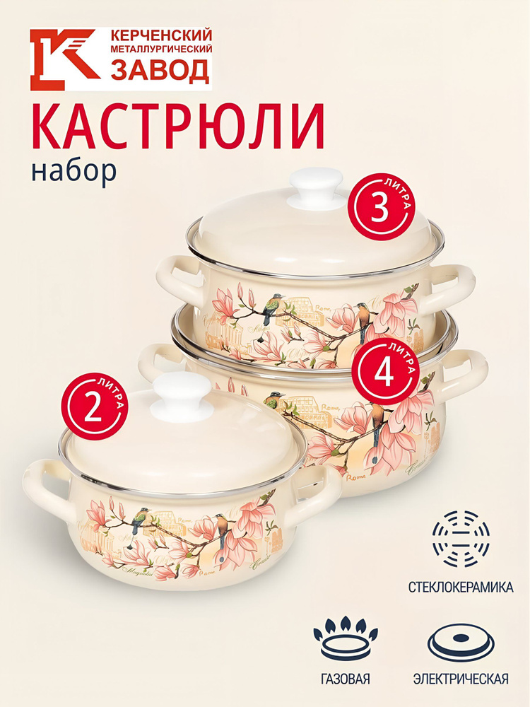 Набор кастрюль эмалированных с крышками 2 л, 3 л, 4 л, Керченский металлургический завод #1