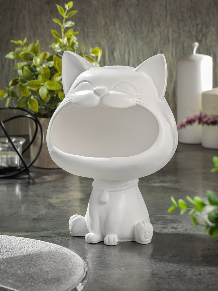 Фигурка конфетница, кот, гипс, белая, 24.5 см, декоративная статуэтка для интерьера, Горошинка #1