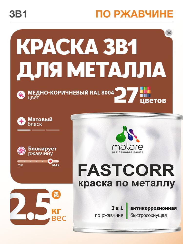 Краска для металла по ржавчине Malare FastCorr, для наружных работ износостойкая, быстросохнущая RAL #1