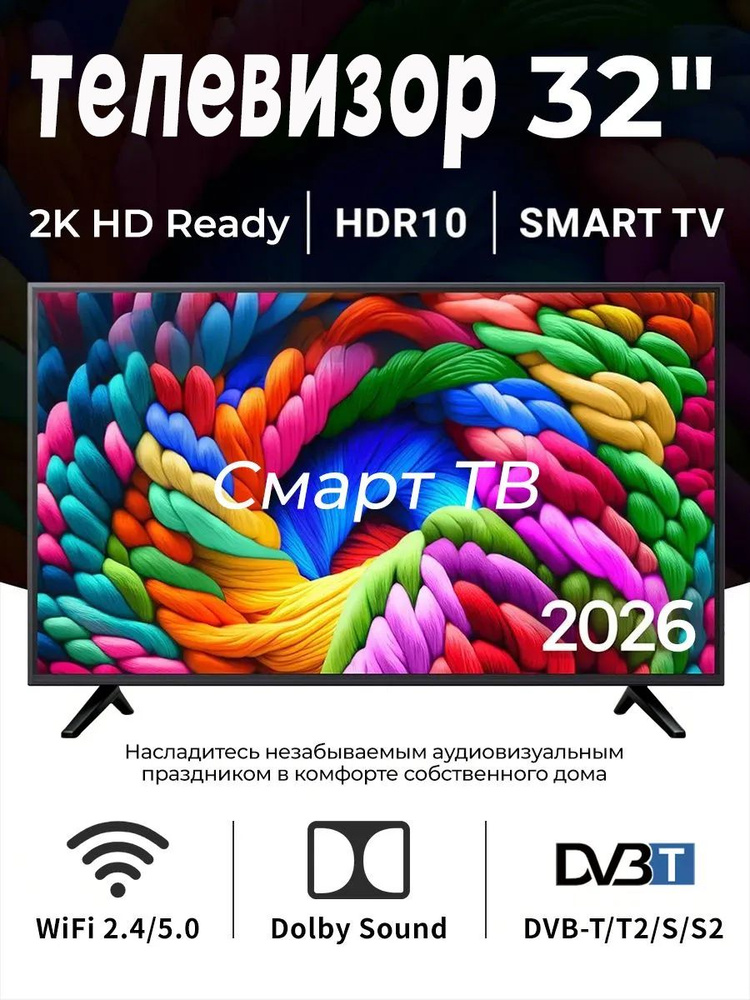 Телевизор смарт тв wifi Android LED HD Ультратонкие рамки Dolby Vision & Atmos 32″ Full HD, черный, черно-серый #1