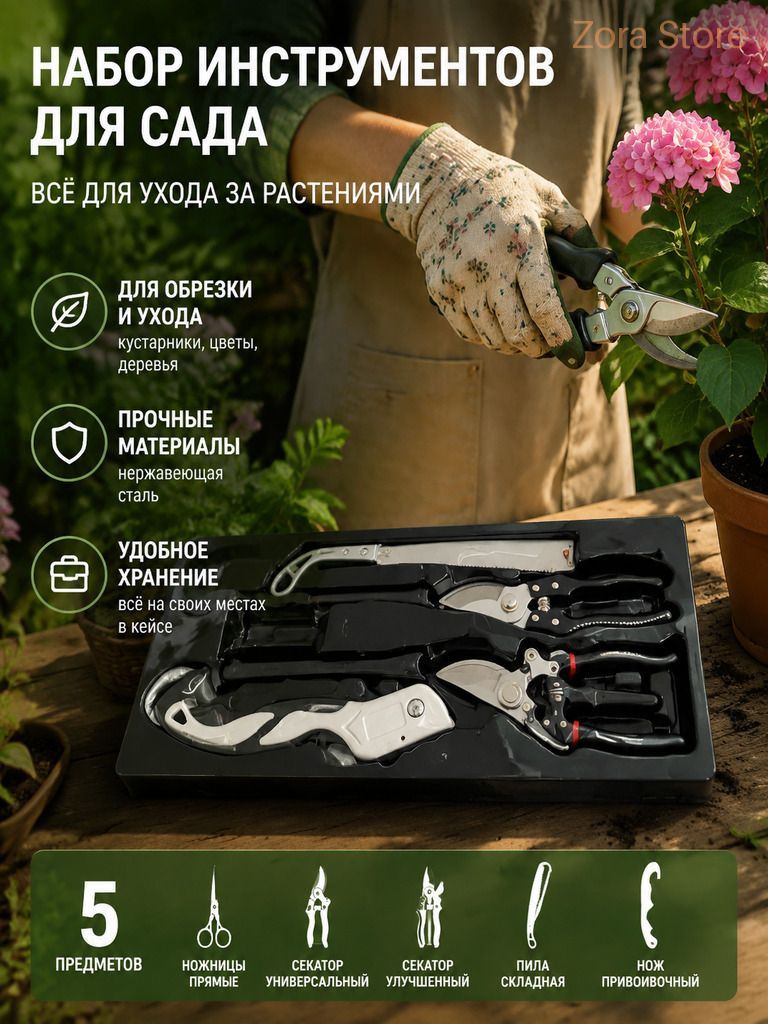 Набор садовых инструментов 5 предметов в коробке: секатор, пила, ножницы для цветов