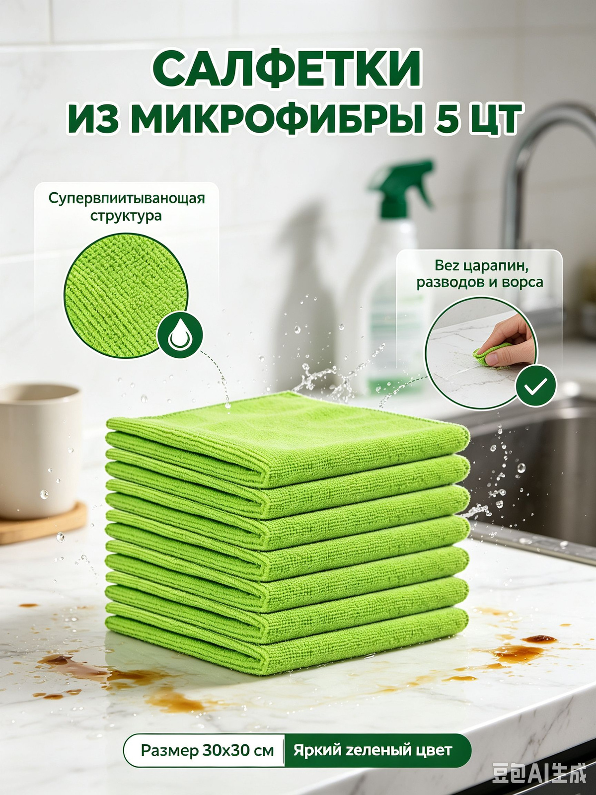 набор тряпок зеленых для кухни и машины