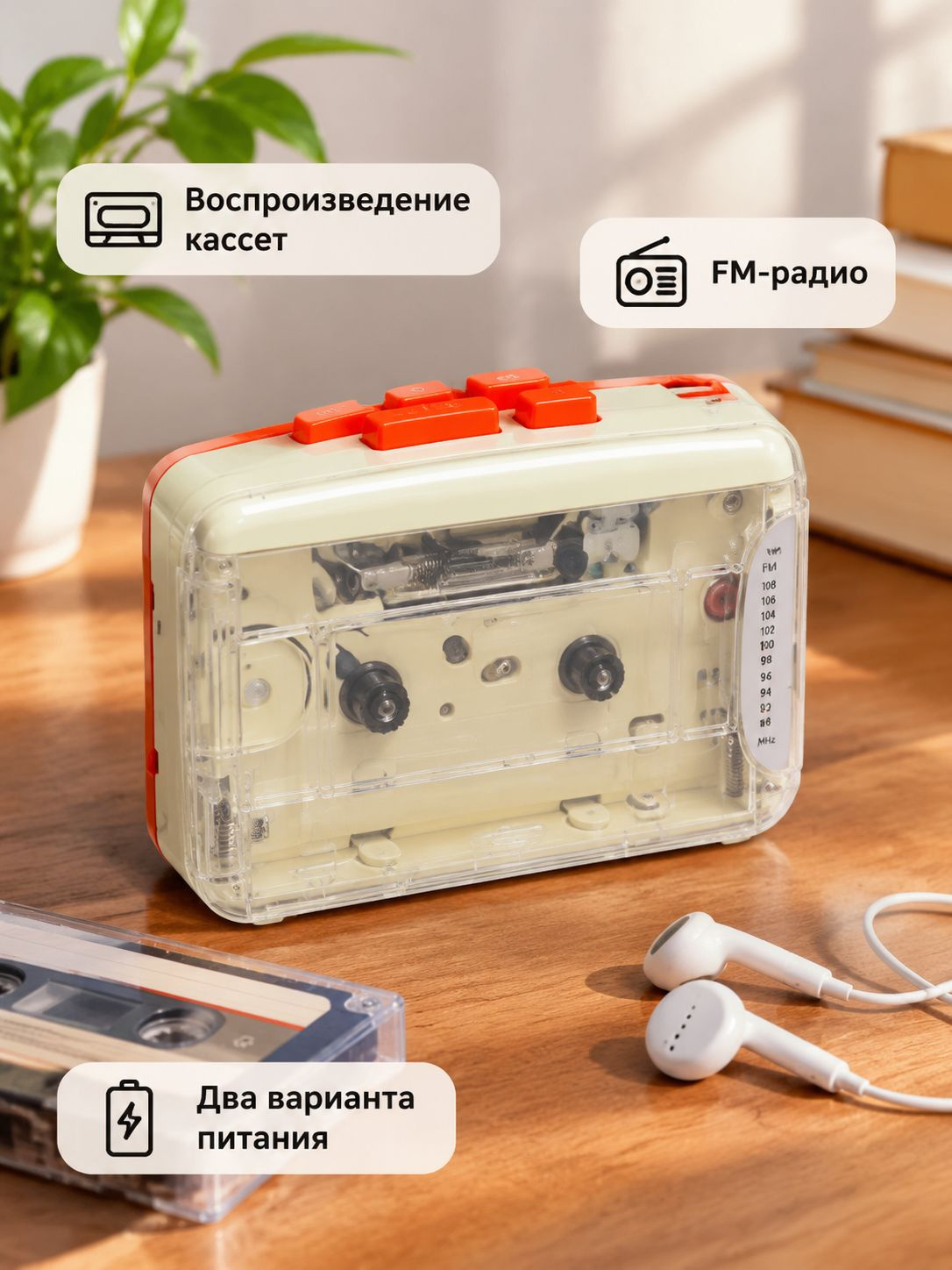 Портативный кассетный плеер с прозрачным корпусом и наушниками