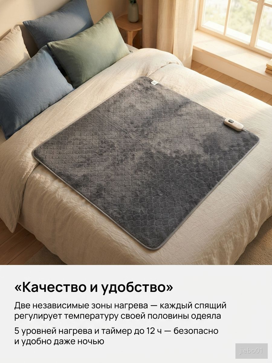 Электрическое одеяло двойное, серое,, с двумя независимыми зонами нагрева, 5 режимов темпе 8