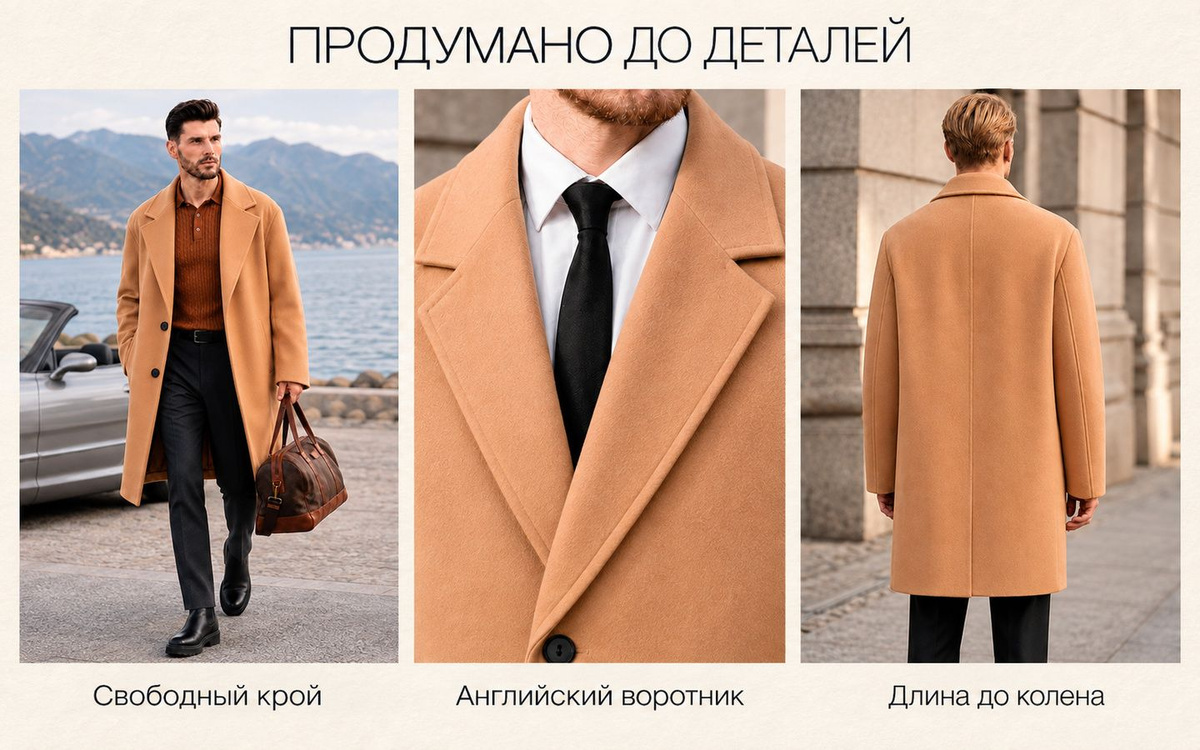 Свободный крой, английский воротник, длина до колена