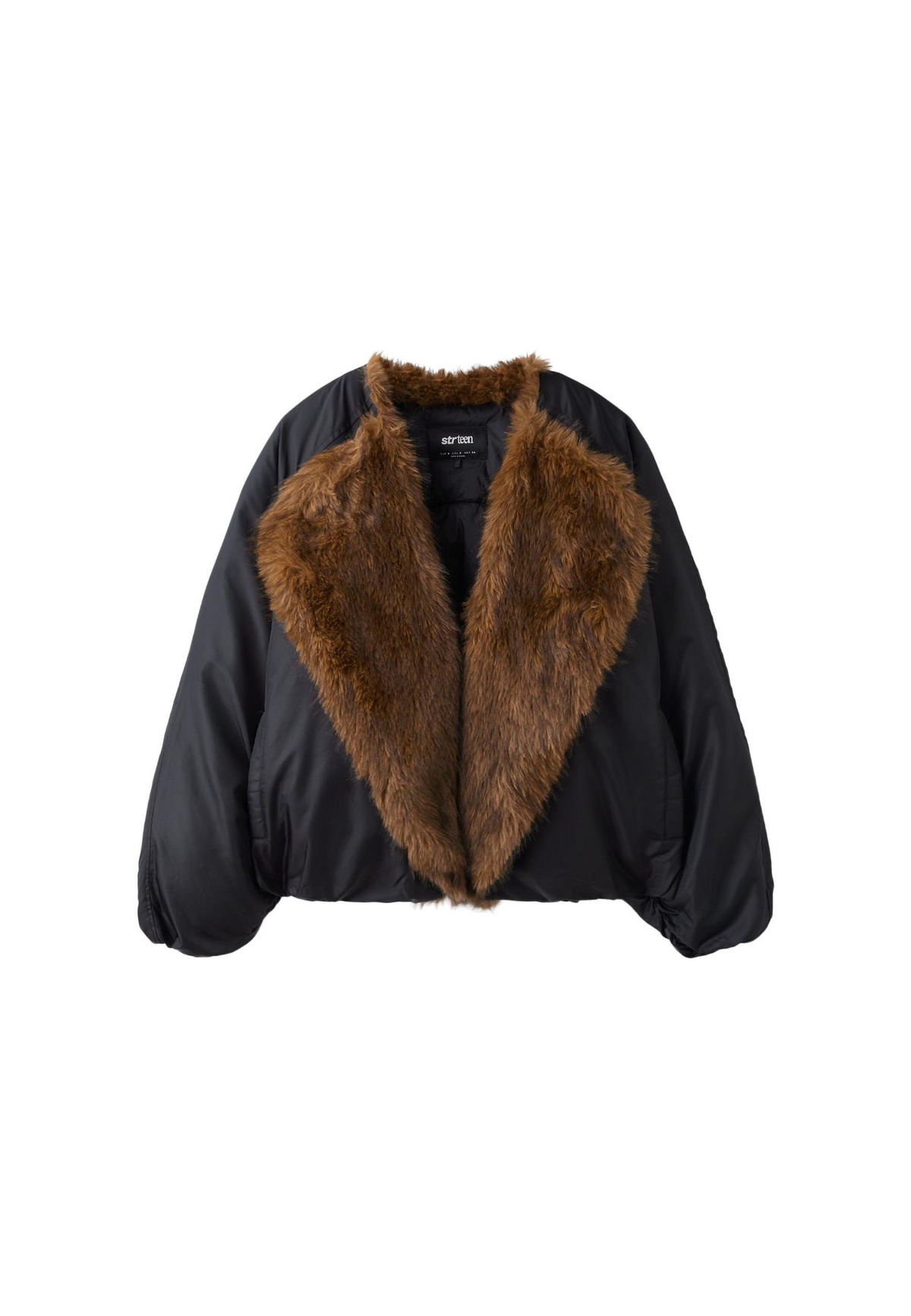 Stradivarius Бомбер из искусственной кожи с меховым воротником 8620/751 (Черный)