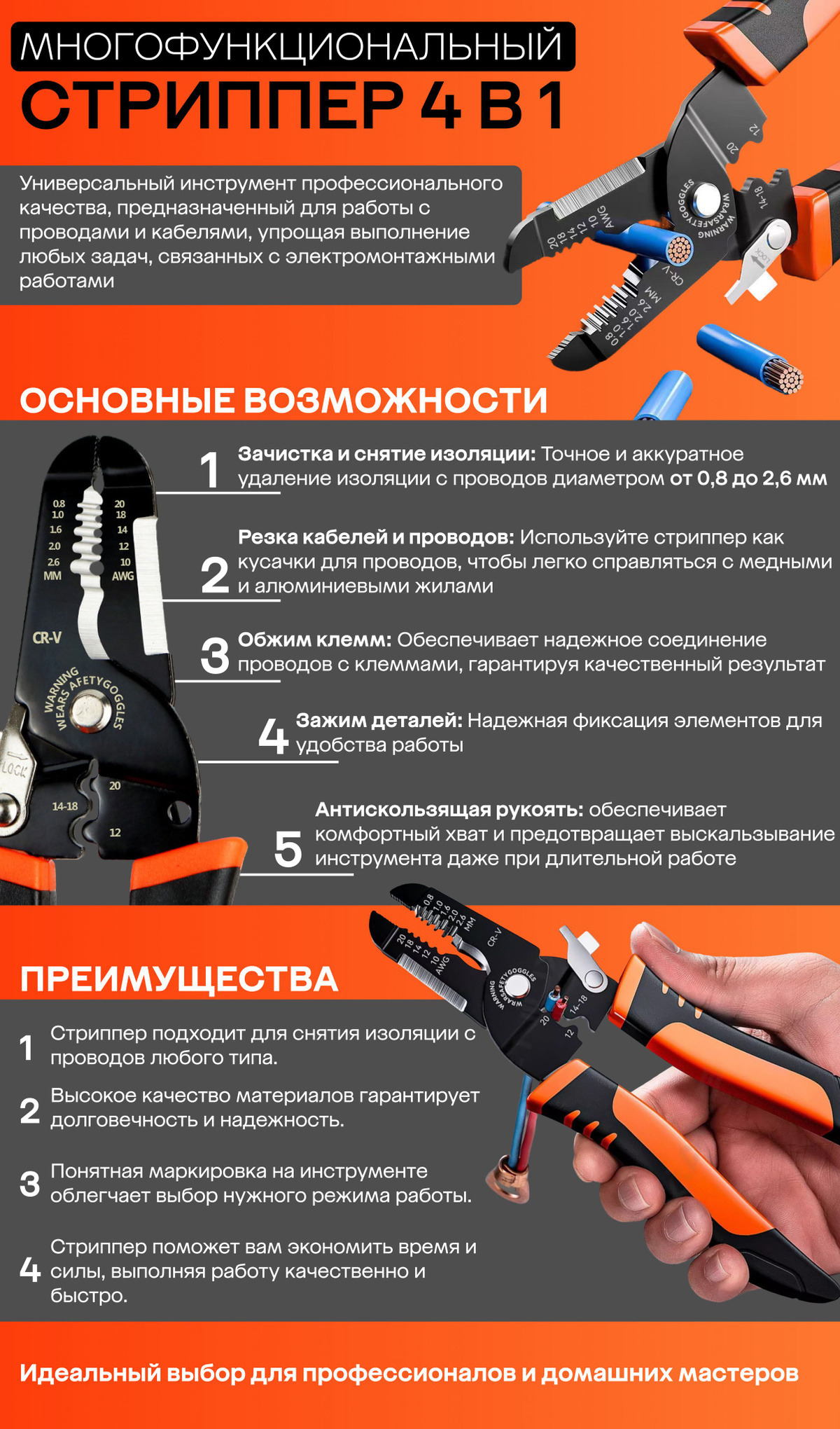 Многофункциональный стриппер 4 в 1 — универсальный инструмент профессионального качества, предназначенный для работы с проводами и кабелями, упрощая выполнение любых задач, связанных с электромонтажными работами.  Вам больше не понадобятся отдельные инструменты для зачистки проводов и разделки кабеля, ведь наш стриппер выполняет все эти задачи быстро и эффективно.  Основные возможности:  ● Зачистка и снятие изоляции: Точное и аккуратное удаление изоляции с проводов диаметром от 0,8 до 2,6 мм.  ● Резка кабелей и проводов: Используйте стриппер как кусачки для проводов, чтобы легко справляться с медными и алюминиевыми жилами.  ● Обжим клемм: Обеспечивает надежное соединение проводов с клеммами, гарантируя качественный результат.  ● Зажим деталей: Надежная фиксация элементов для удобства работы.  ● Антискользящая рукоять: обеспечивает комфортный хват и предотвращает выскальзывание инструмента даже при длительной работе.  Преимущества:  ● Этот стриппер для проводов подходит для снятия изоляции с проводов любого типа.      ● Высокое качество материалов гарантирует долговечность и надежность.  ● Понятная маркировка на инструменте облегчает выбор нужного режима работы.  ● Клещи для снятия изоляции помогут вам экономить время и силы, выполняя работу качественно и быстро.  Идеальный выбор для профессионалов и домашних мастеров. Стриппер для зачистки проводов, клещи для снятия изоляции и кусачки для проводов в одном инструменте экономят ваше время и усилия.