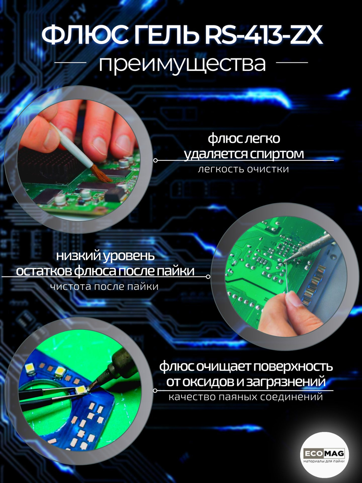 Преимущества флюс-геля RS-413-ZX Rusflux. Флюс Rusflux RS-413-ZX обладает отличной смачивающей активностью, независимо от того, оплавляется ли он вручную, паяльными станциями горячего воздуха, конвекционными печами или системами паяльной фазы. Флюс совместим со всеми свинцовыми и бессвинцовыми сплавами, может использоваться в широком спектре применений.