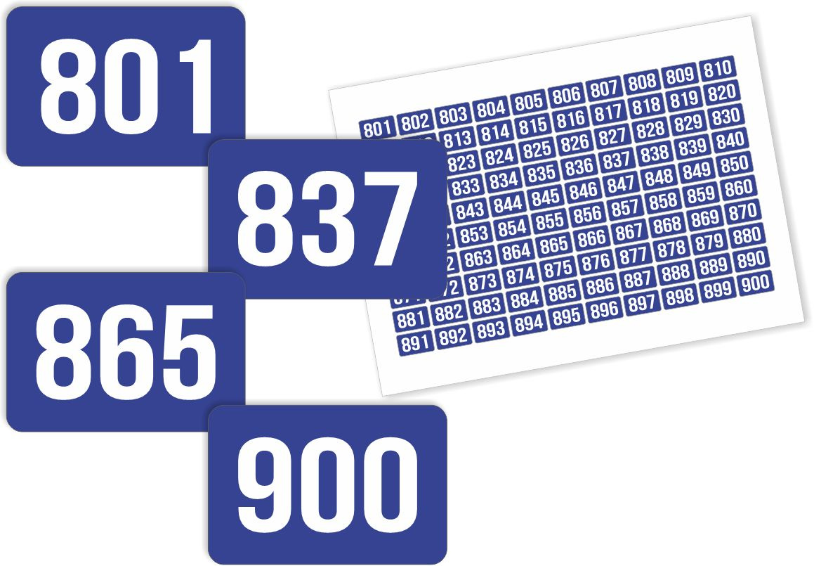 Наклейки с номерами от 801 до 900 прямоугольные 15х10 мм, цвет синий, ПолиЦентр