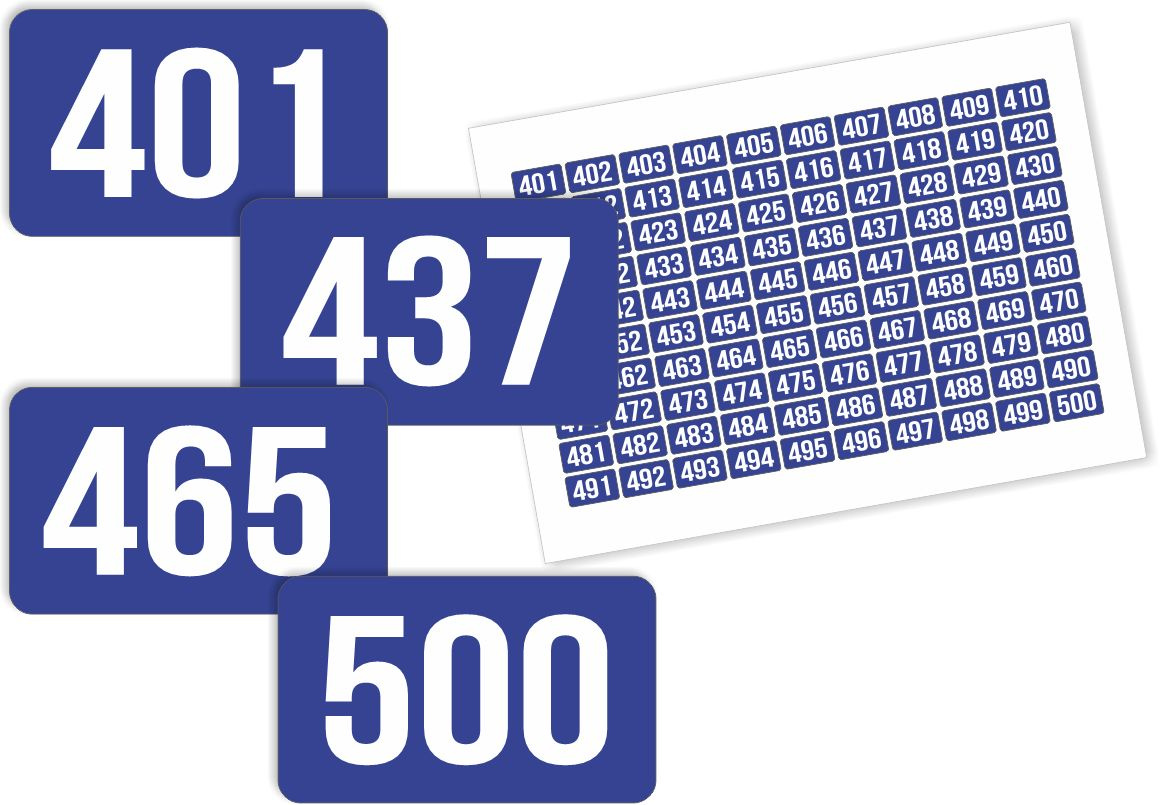 Наклейки с номерами от 401 до 500 прямоугольные 50х30 мм, цвет синий, ПолиЦентр
