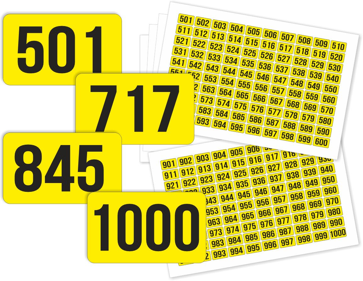 Наклейки с номерами от 501 до 1000 прямоугольные 50х30 мм, цвет желтый, ПолиЦентр