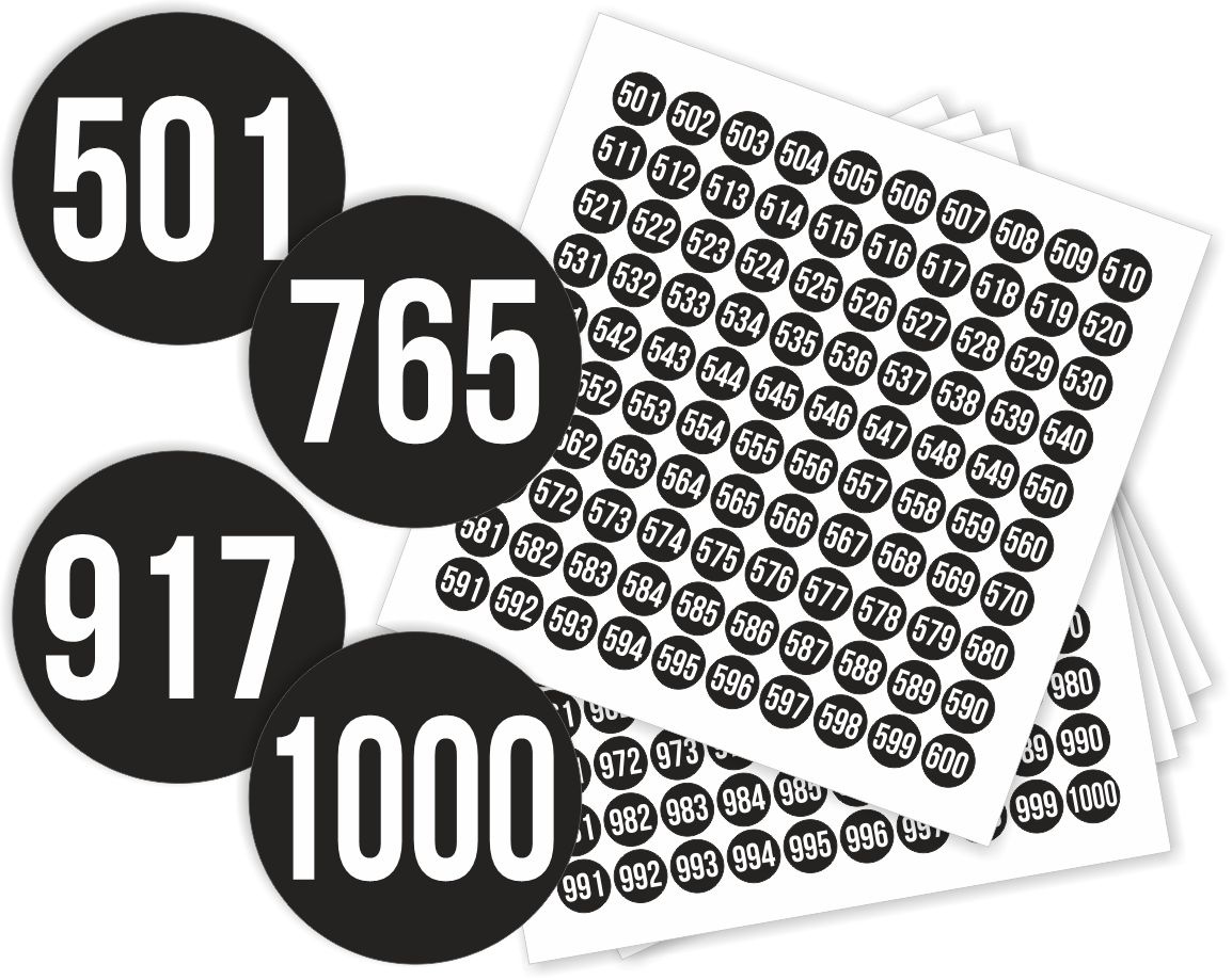 Наклейки с номерами от 501 до 1000 круглые 50 мм, цвет черный, ПолиЦентр