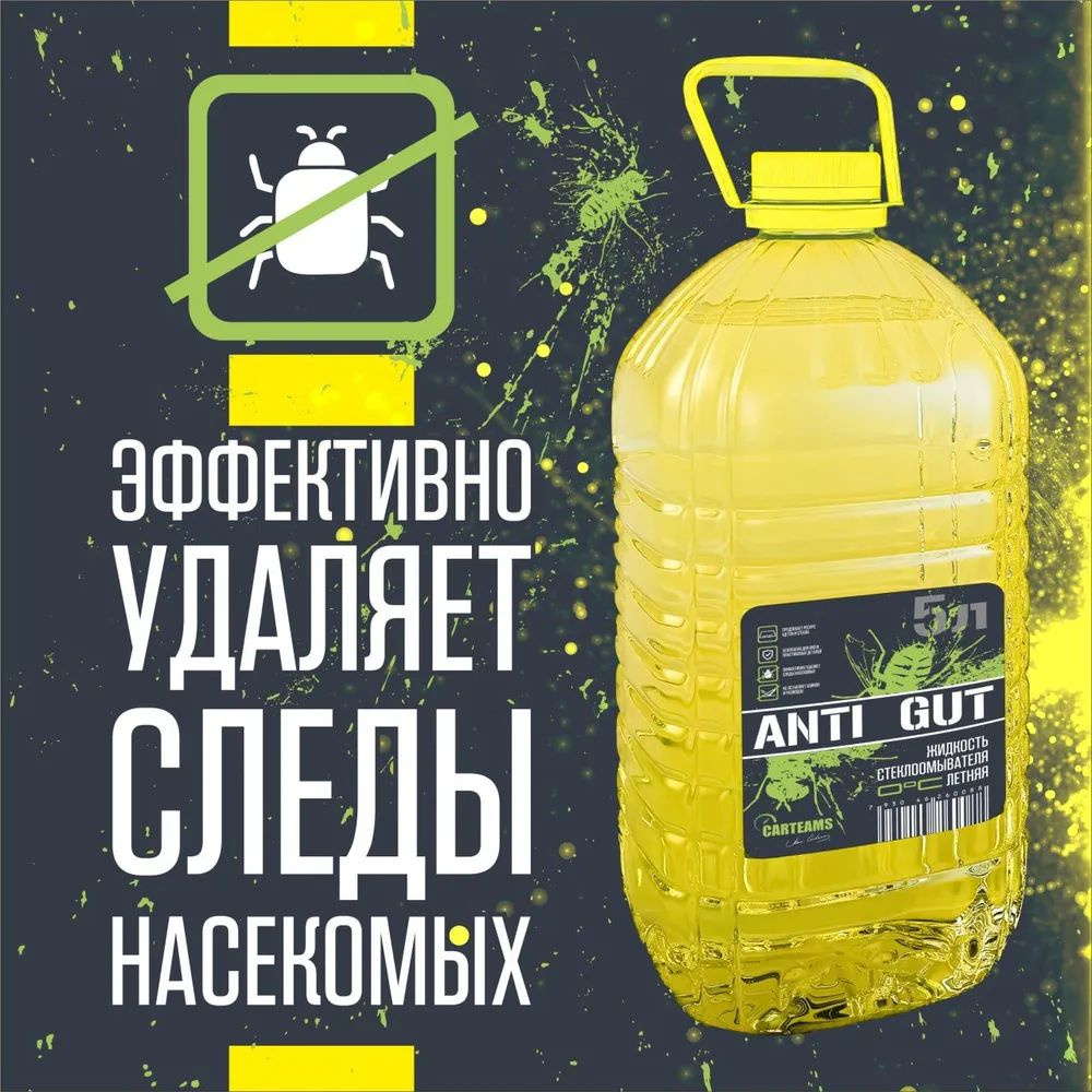 ANTI GUT - это летняя стеклоомывайка против насекомых, птичего помёта, липкой пыльцы с деревьев, маслянистой дорожной плёнки и пыли. Жидкость сочетает свойства сверхмощного очистителя, смазки для дворников и гидрофобного покрытия.