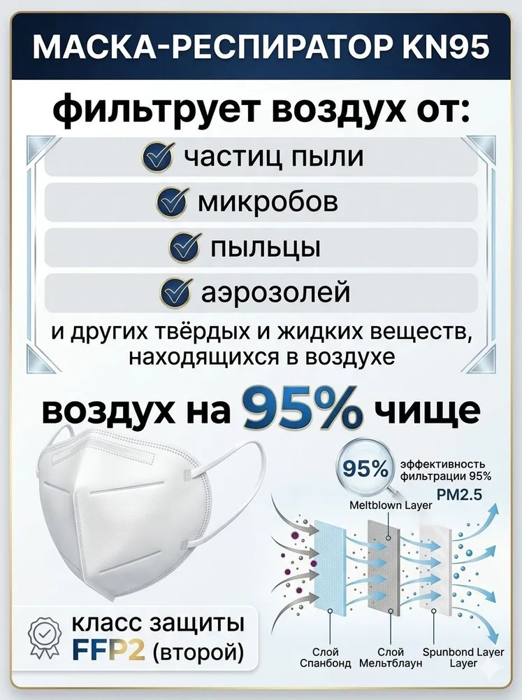 Универсальная тканевая маска-респиратор без клапана защиты FFP2 от пыли и мелких частиц, с мягкими резинками, для строительных работ, вариант, фото 2