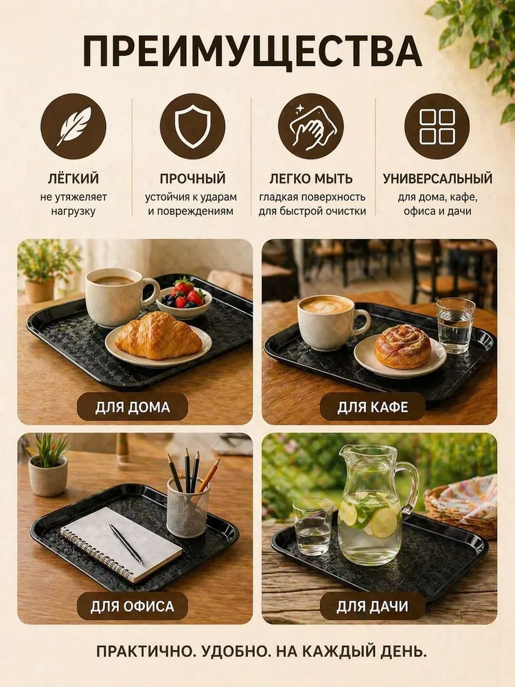Поднос прямоугольный 35,5х25,5см, пластиковый, 35.5x25.5 см, фото 4