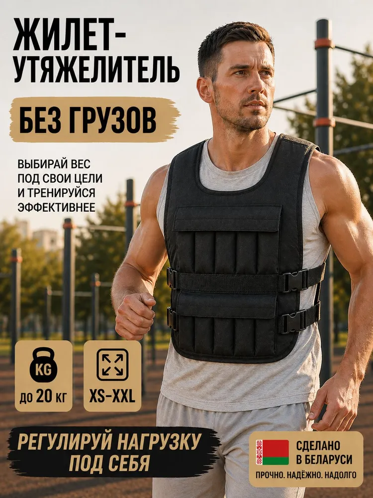 Жилет утяжелитель без грузов (до 20 кг) чёрный, 20 кг