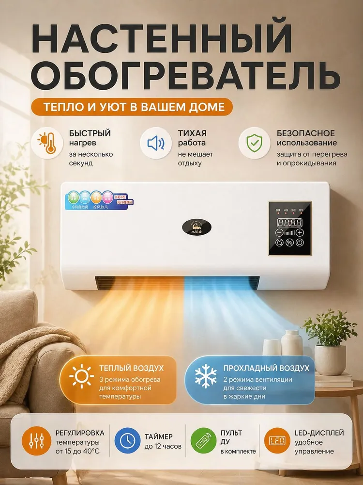 Тепловентилятор КЕРАМИЧЕСКИЙ обогреватель настенный, вентилятор тепловая завеса с пультом ДУ, с цифровым термостатом, на стену 2000 Вт, 2000 Вт