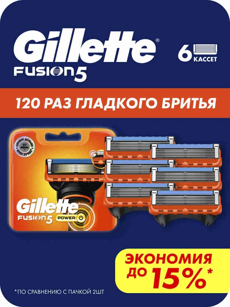 Сменные кассеты для бритья Gillette Fusion5 Power мужские с 5 лезвиями для бритвы, c триммером, 2 шт, 6 шт