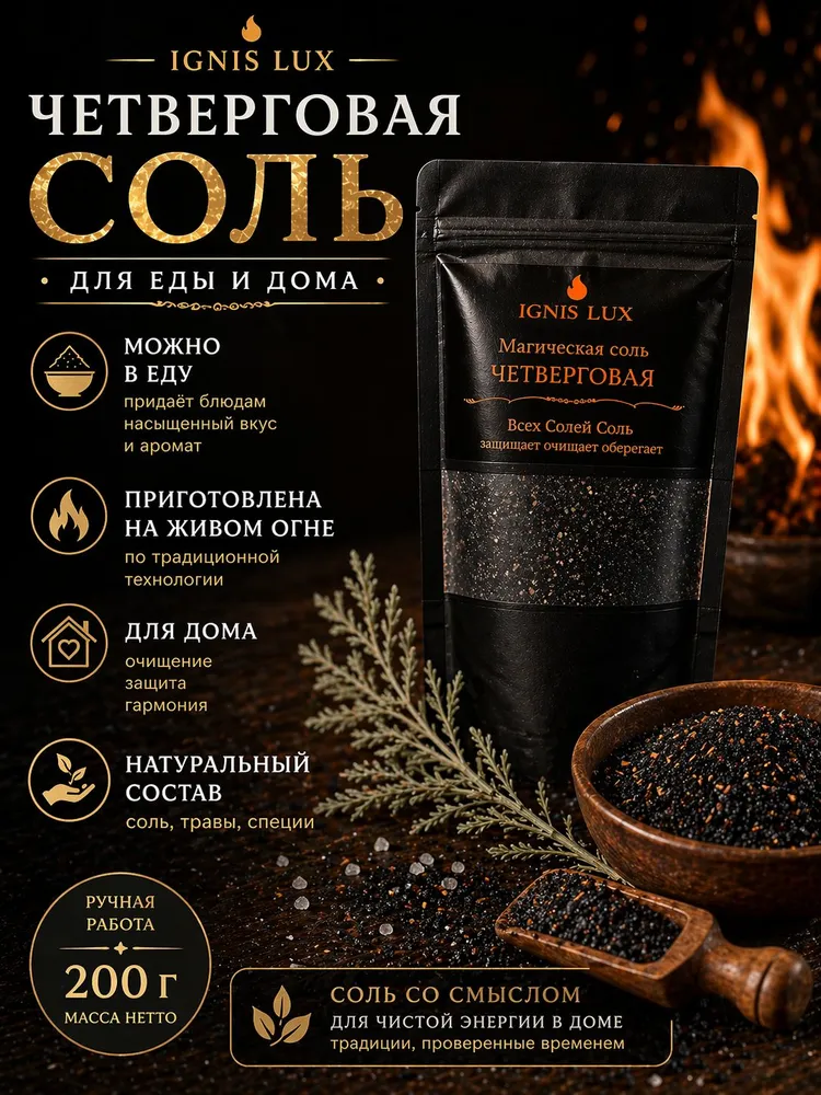Соль черная четверговая магическая черная с травами IGNIS LUX для очищения дома, защиты, ритуалов и пищи, черный, фото 2