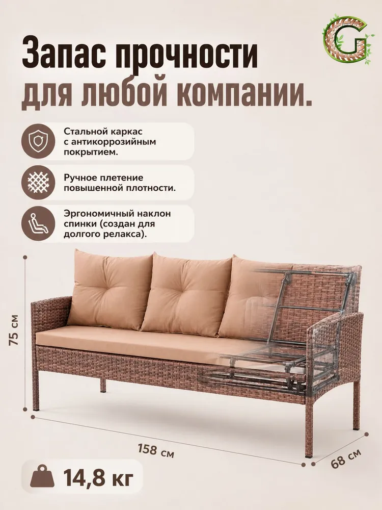 Диван трехместный из искусственного ротанга Фьорд, капучино, вариант, фото 5