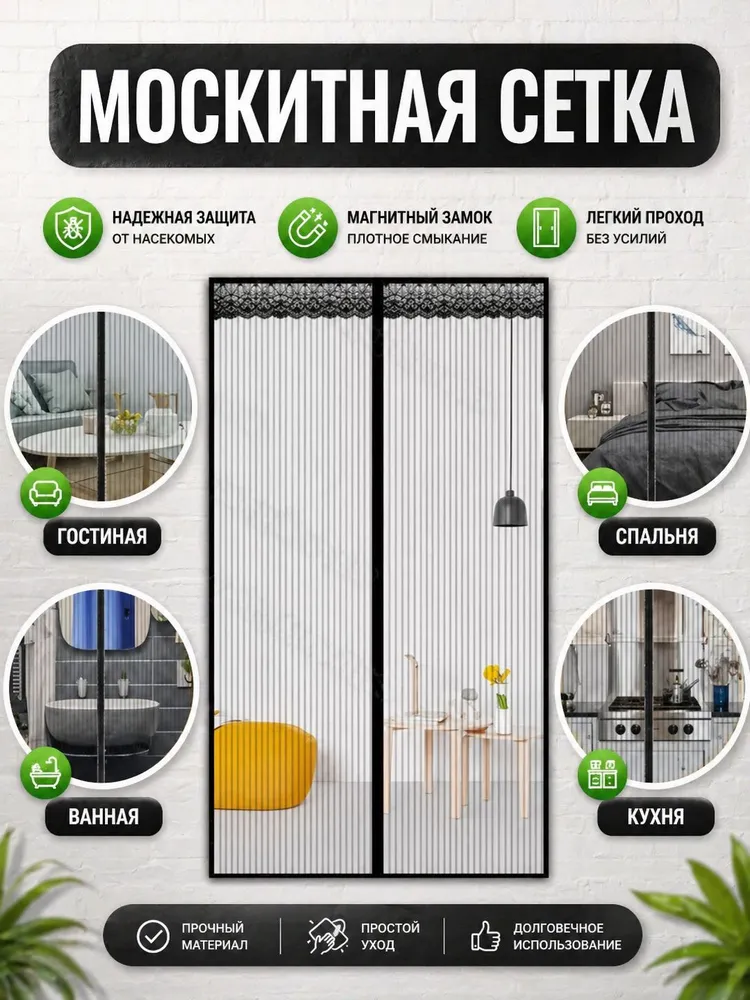 Москитная сетка на дверь на магнитах Черная, черный, фото 2