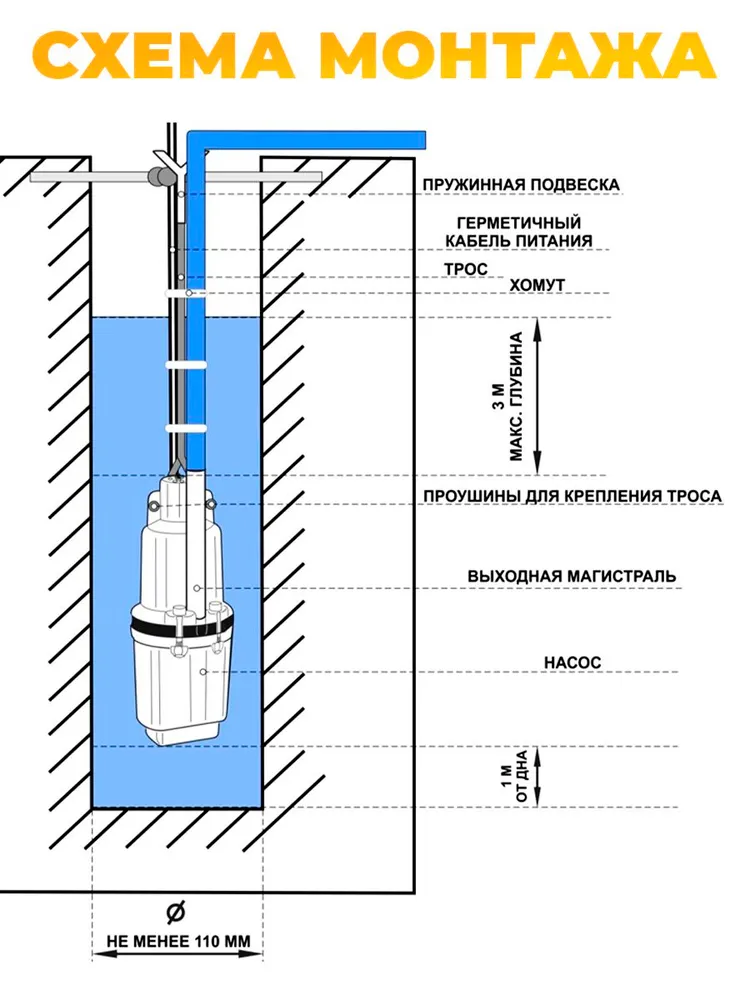 Насос вибрационный погружной 280 Вт нижний забор Huter VP 280-25D (ручеек, малыш), 280 Вт, фото 6