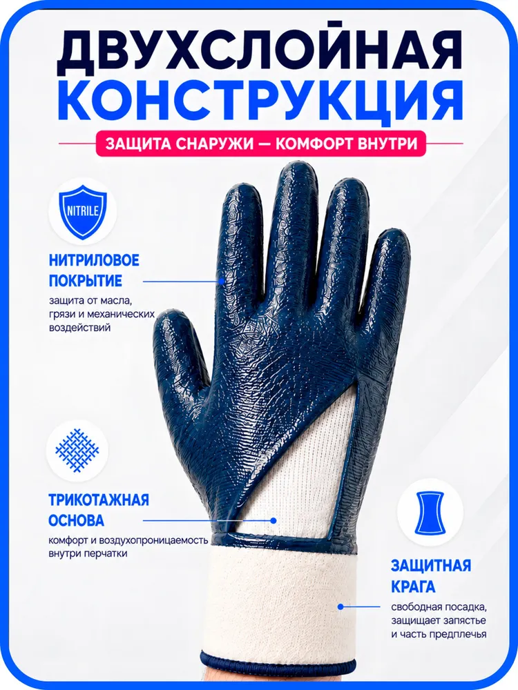 Перчатки МБС краги синие нитриловые маслобензостойкие 1 пара, синий, фото 4