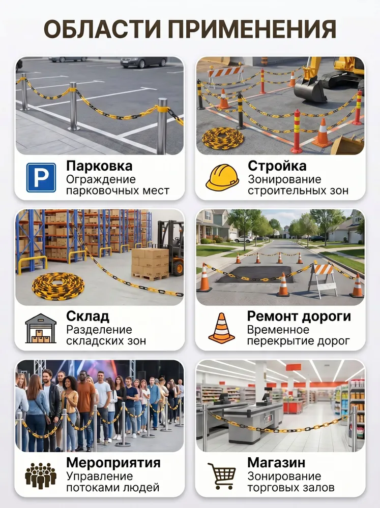Желто-черная пластиковая сигнальная цепь ограждения, длина 5 м, диаметр звена 6 мм, для дорожных столбиков и конусов, 5 м, фото 2