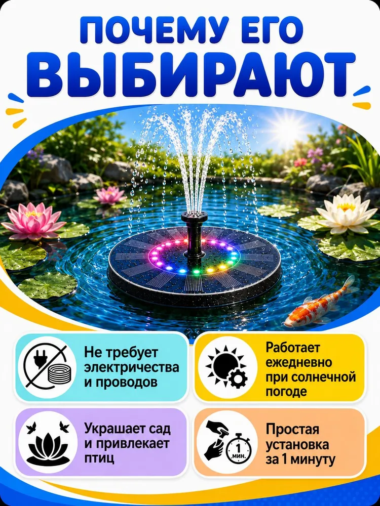 Плавающий фонтан на солнечной батарее садовый, с подсветкой для пруда и бассейна диаметр 16 см,6 насадок, вариант, фото 6