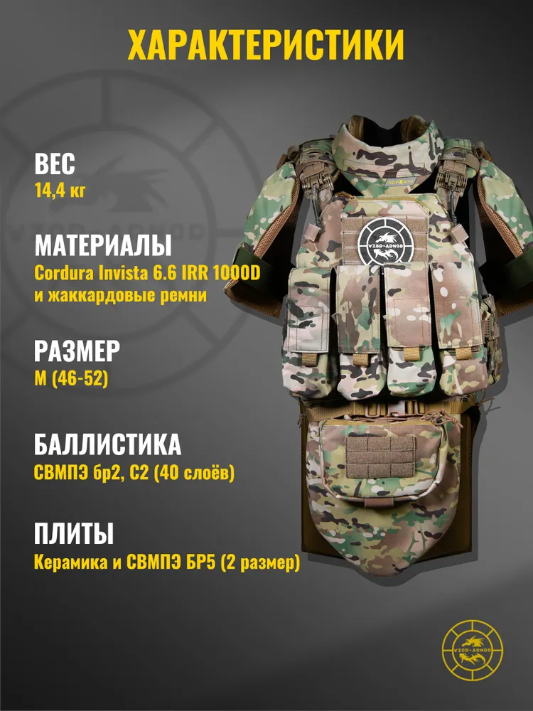 Комплект бронезащиты Z-1 с плитами бр5 и баллистикой СВМПЭ бр2 (40 слоёв), (размер М), (мультикам), вариант, фото 4