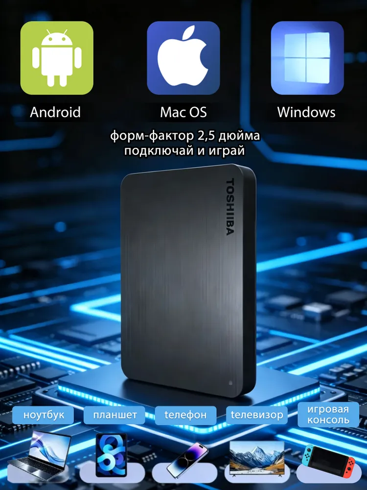 Toshiba 1 ТБ Внешний жесткий диск Toshiba 1 ТБ Внешний жесткий диск  Canvio Basics (HDTB410YK3AAH) 2.5 (USB 3.0), черный (HDTB410YK3AAH), Пластик, черный матовый, 500 ГБ