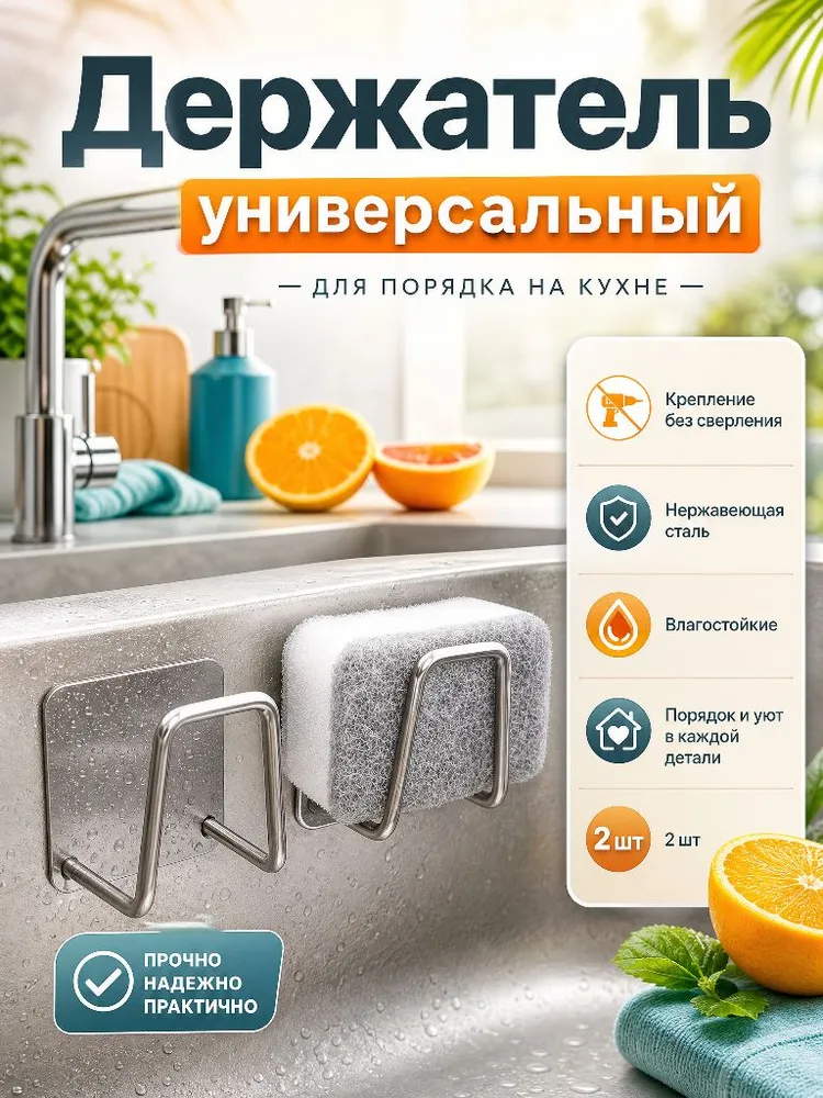 Крючки самоклеющиеся,держатель для губки в раковину, органайзер для кухни и ванной комнаты, держатель для крышек из нержавеющей стали.набор крючков нак липучке 2 шт, 2 шт