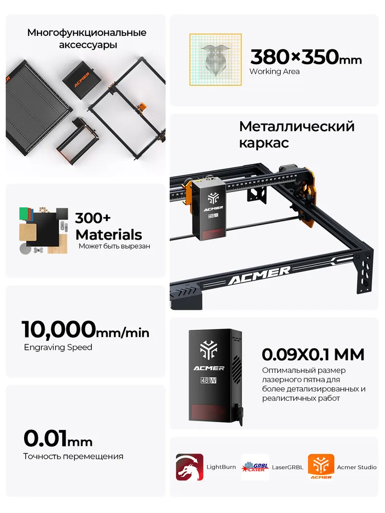 Лазерный гравер ACMER P1 S PRO 48 Вт, ЧПУ станок для резки и гравировки по дереву, акрилу и коже, рабочая зона 380x350 мм, воздушный ассистент, 380x350 мм, 48 Вт, фото 5