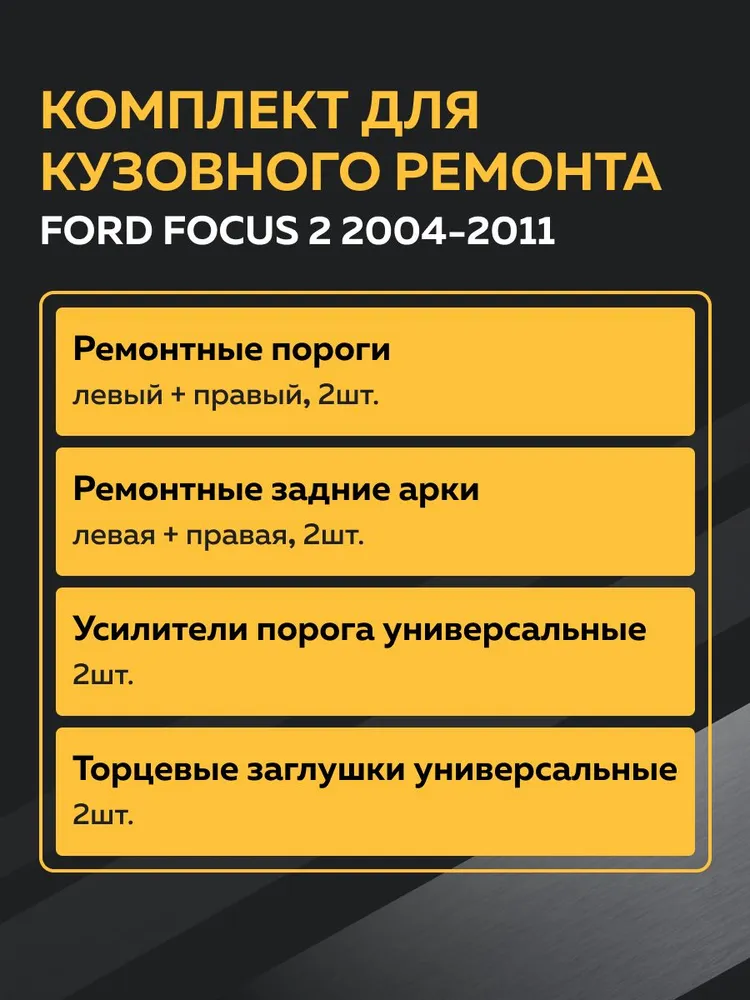 Комплект ремонтный Ford Focus 2 2004-2011 седан / Пороги Форд Фокус 2, задние арки, 2 порога + 2 арки + 2 усилителя + 2 заглушки порогов, холоднокатаная сталь, вариант, фото 2