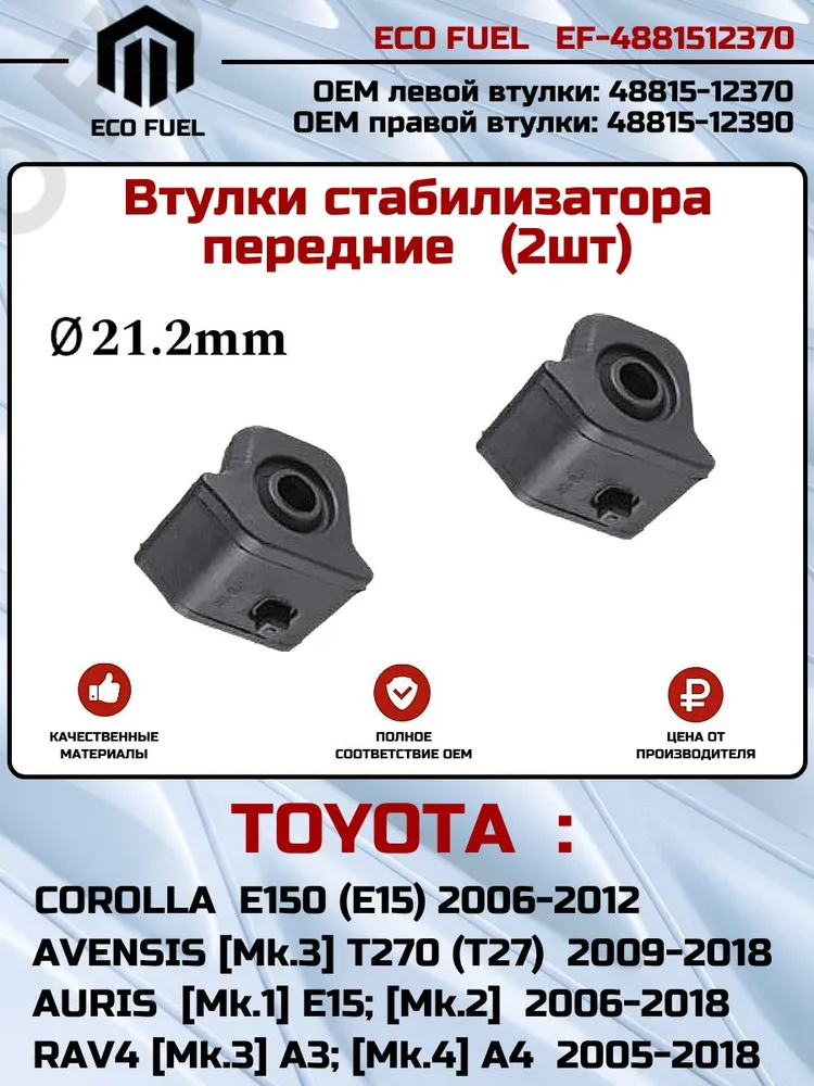 Втулки стабилизатора передние Toyota Corolla (10) E150 2006 - 2009, AURIS, AVENSIS, d21 Комплект 2шт ОЕМ:48815-12370, 2 шт