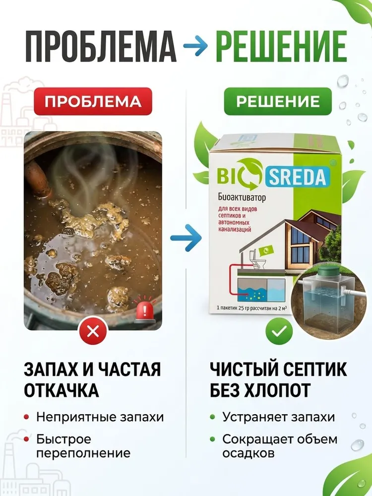 Бактерии для септиков и выгребных ям, биоактиватор для септиков и автономных канализаций Biosreda 600 гр 24 пакетика, 600 г, фото 3