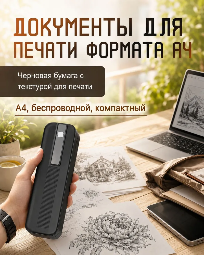 Портативный термопринтер A4 беспроводной Bluetooth 203 DPI для студии и выездной работы. Печать эскизов тату за секунды, встроенный аккумулятор, компактный, подарок мастеру по татуировке, вариант, фото 2
