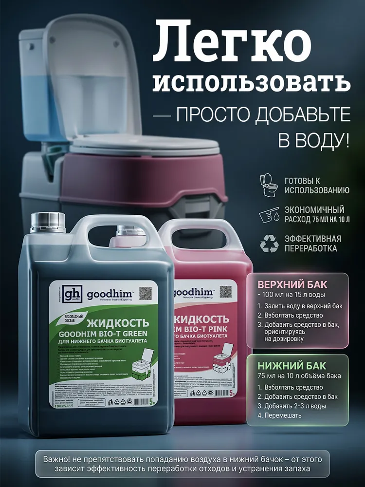 Набор средств для биотуалета GOODHIM БИО-Т для верхнего и нижнего бачка, Гудхим, 5л + 5л, 5 л, 5 л, фото 3