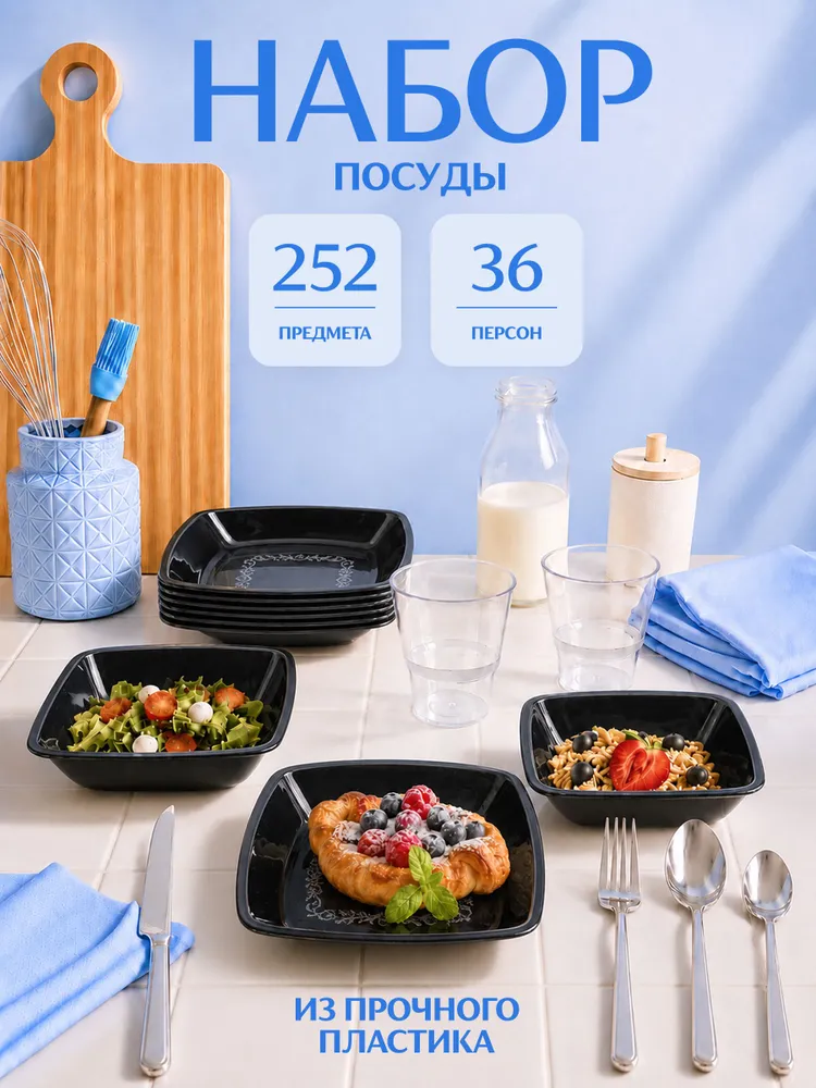 Одноразовая посуда пластиковая набор для праздника на 36 персон 252 предмета, набор тарелок, стаканов, ложек, вилок и ножей, вариант