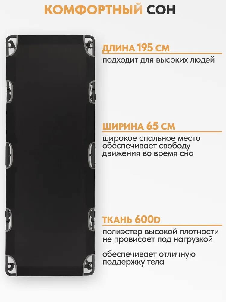 Раскладушка складная для сада/для дома/ для дачи TREK PLANET Tampa XL Black, кемпинговая, 195х65х21 см, 65x21 см, фото 2