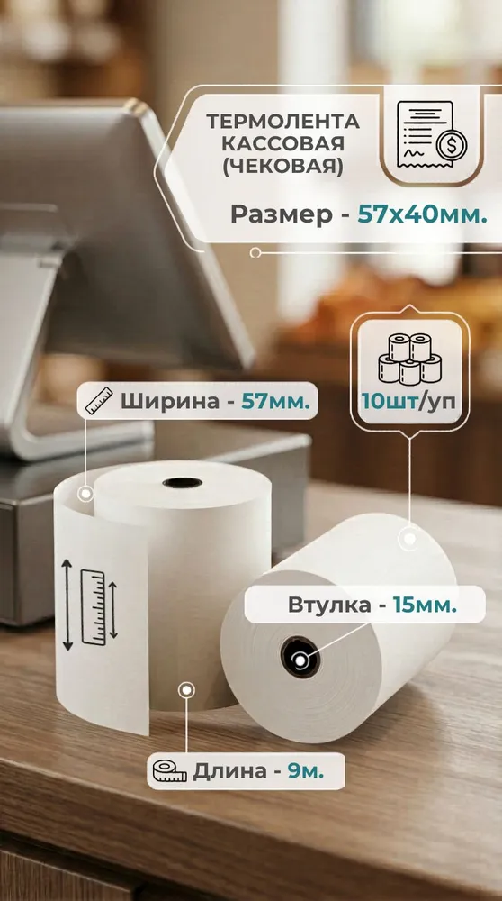 Лента кассовая 10 шт, длина: 9 м, ширина: 57 мм, 10 шт, 9 м