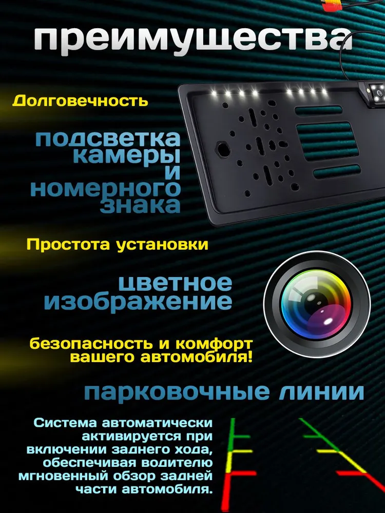 Камера заднего вида в рамке номерного знака автомобиля цветная, вариант, фото 5