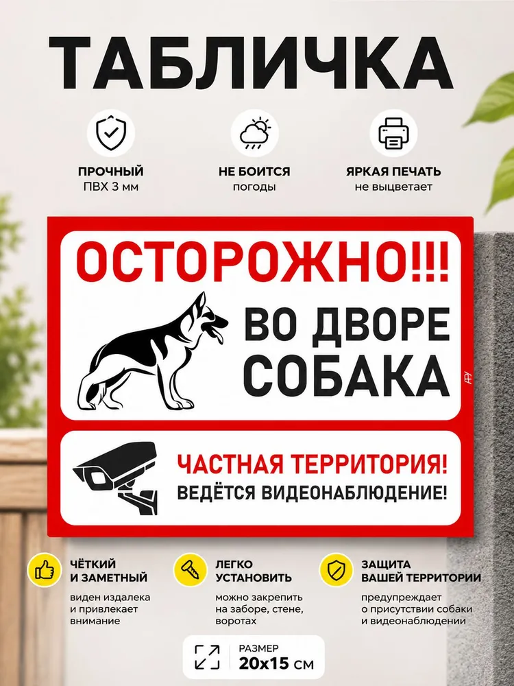 Табличка "Осторожно во дворе собака, ведется видеонаблюдение" А5 (20х15см), 20x15 см
