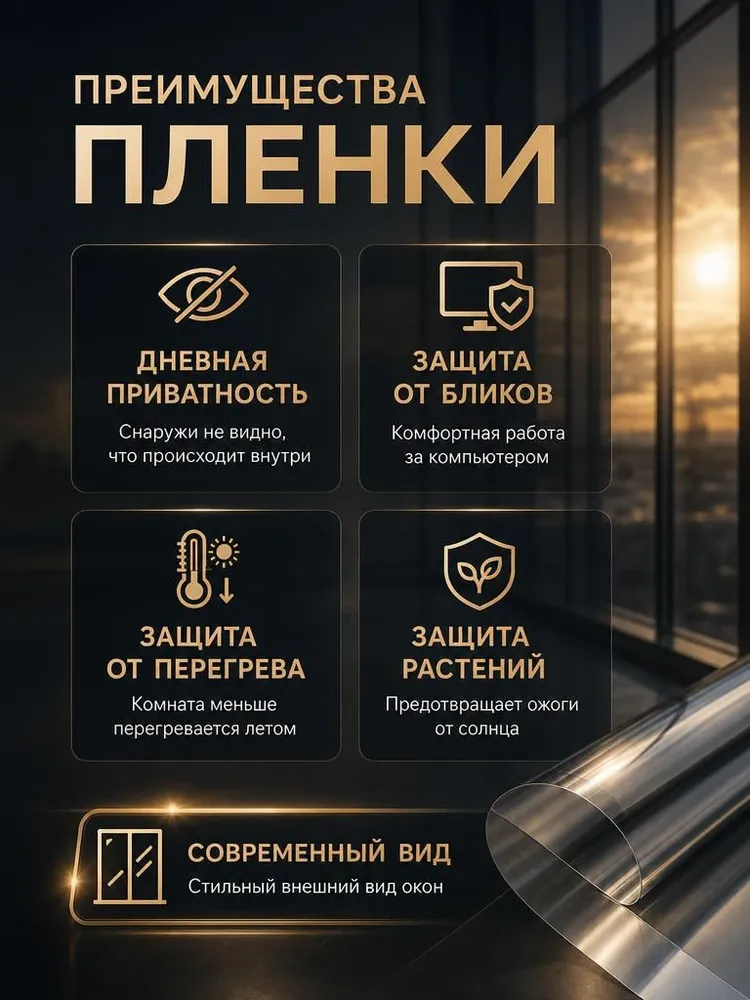 Солнцезащитная плёнка, 1х3м, толщина 12 мкм зеркальная, 1x3 м, фото 4
