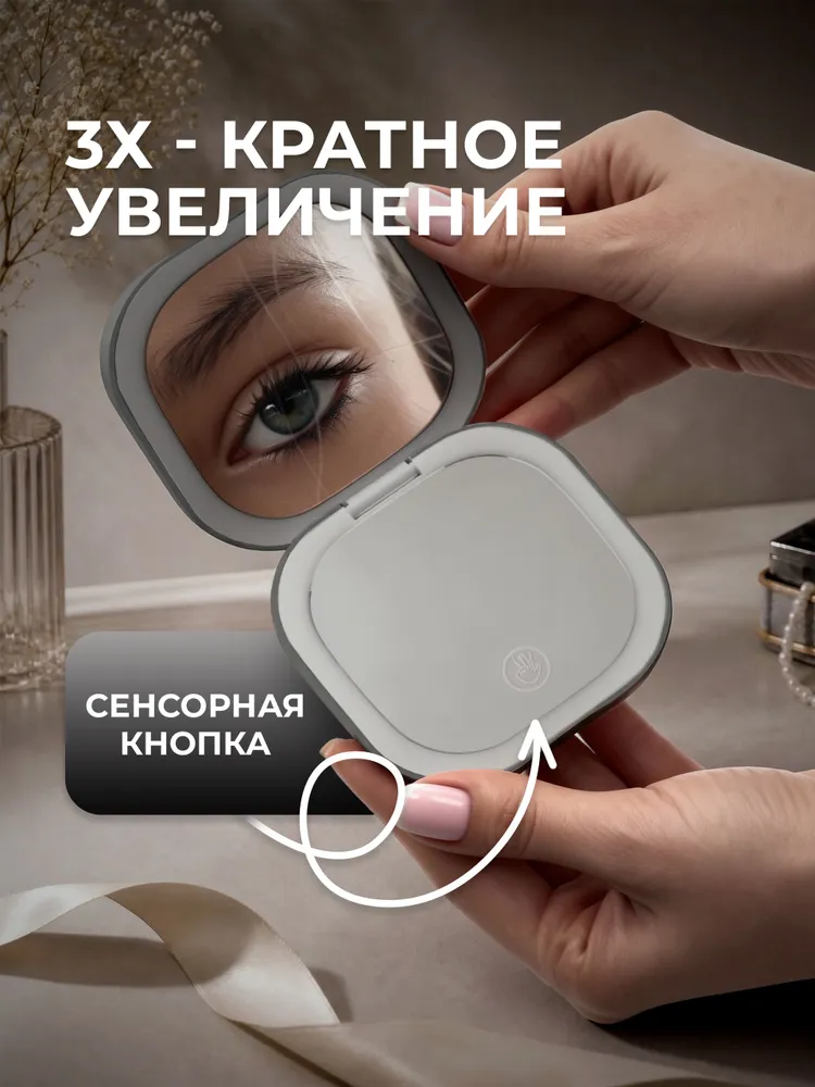 Зеркало карманное с подсветкой, портативное складное зеркало с увеличением x3 для макияжа белый Lian Beauty Accessories, черный, фото 2